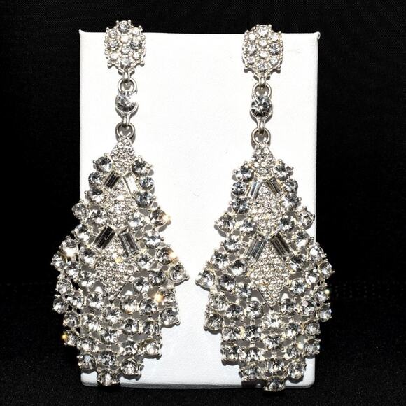 Vintage Long Rhinestone Wedding Earrings, Formal Bling 3 1/2 Inch Posts, 1990s - Picture 10 of 12
